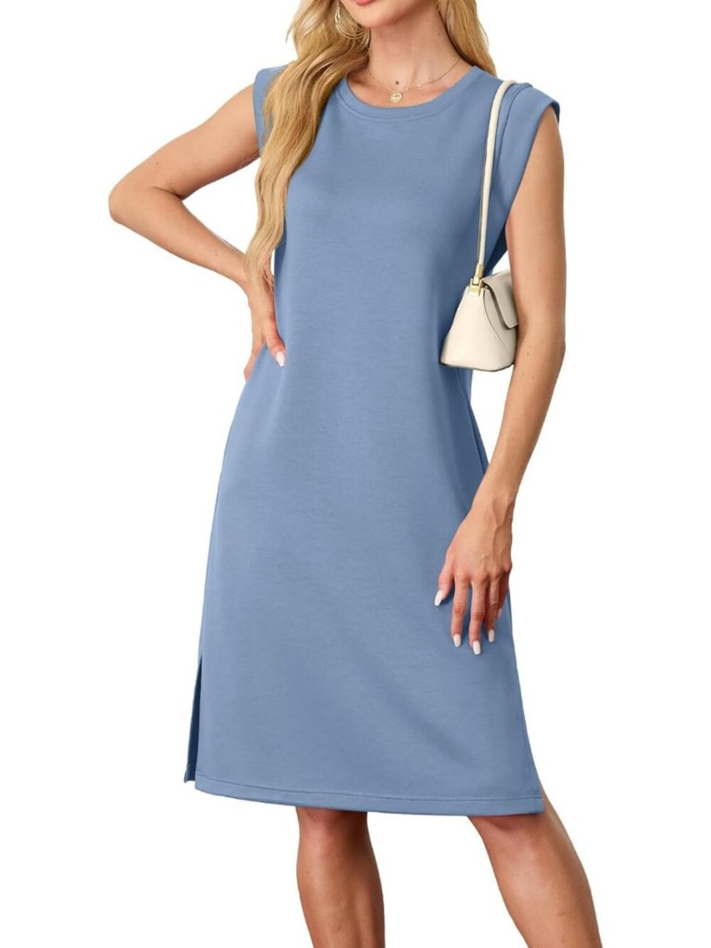 Women's Blue Sleeveless Casual Loose Beach Crewneck Wrinkle-Free Midi Dress